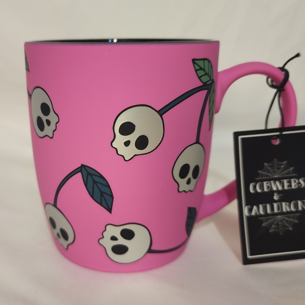 Cobwebs & Cauldrons Halloween cherry skull hot pink mug
